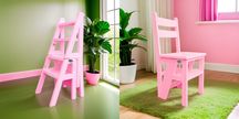 Scaun si scara 2 in 1, lemn masiv, 90x42 cm, Barbie Pink