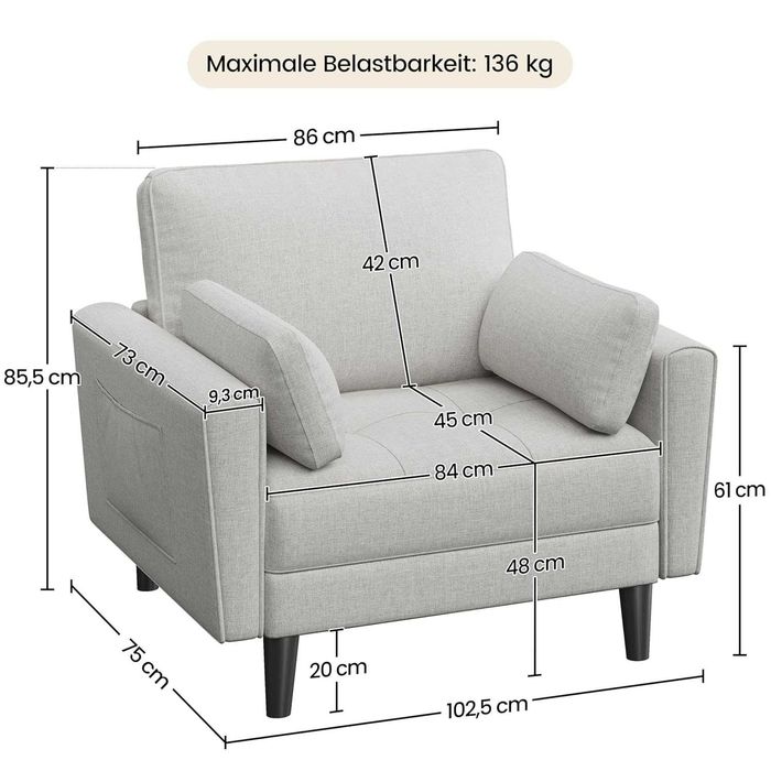 Fotoliu modern cu perne laterale și buzunare laterale |S 614586 Griege