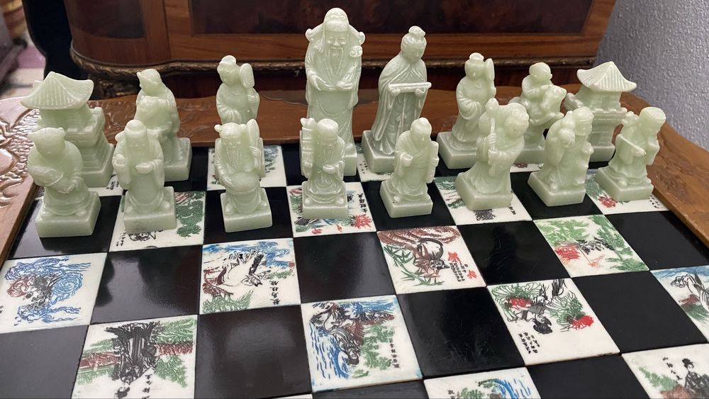 Sah Lemn Masiv Piese Piatra Steatit Vintage