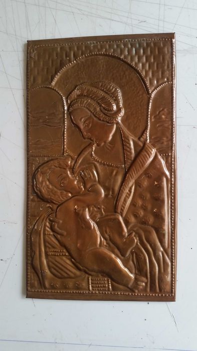 Божията майка с младенеца. Икона на медно фолио, залепено на фазер.