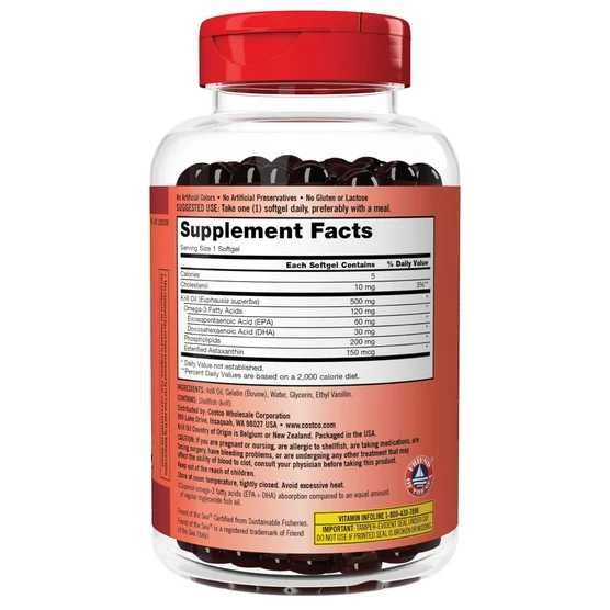 Omega-3, Масло Криля Kirkland Krill Oil 500mg, 180 Softgels США