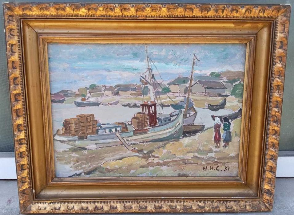 Tablou vechi - sat pescaresc - semnat si datat HHC 37