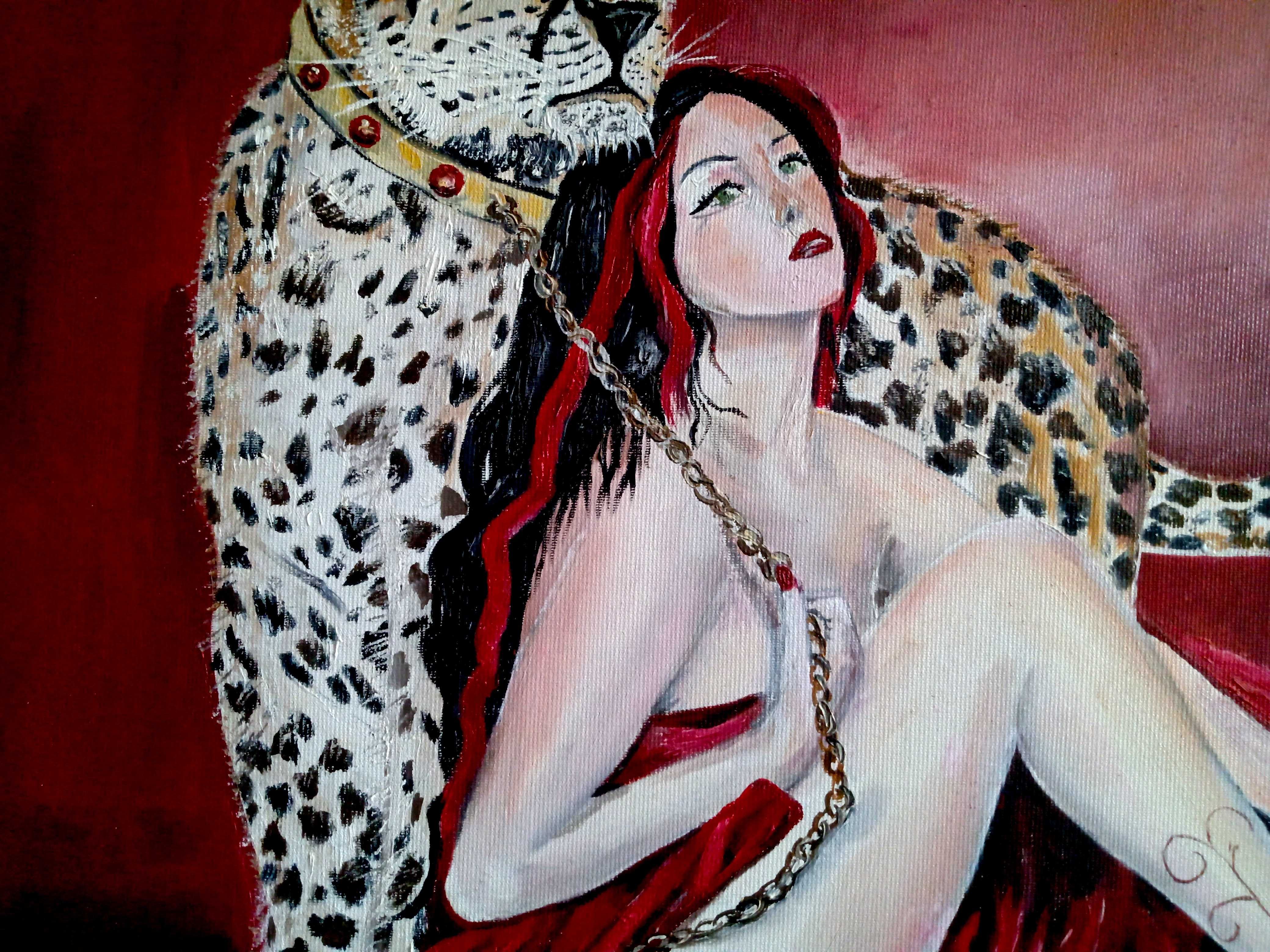 Tabloul"O splendoare de femeie langa un animal feroce",pictura manuala