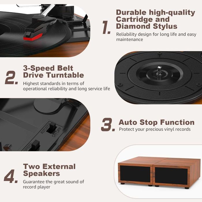 Грамофон Udreamer с 2 двойни стерео високоговорителя кафяв