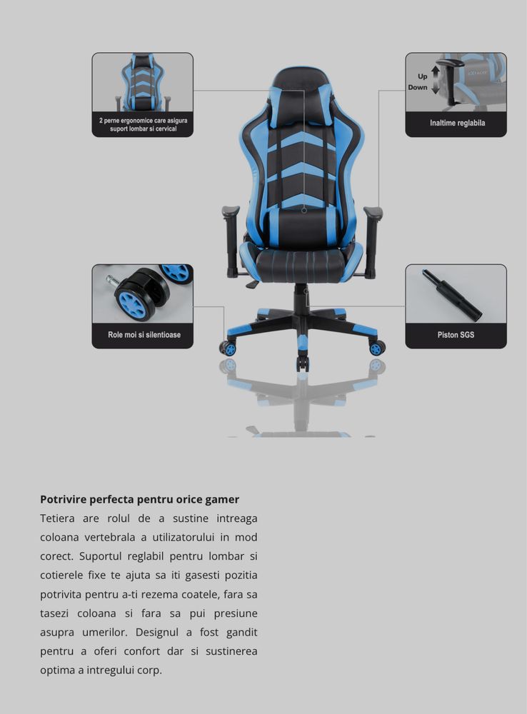 Scaun Gaming Kring Sif, cu suport lonbar si tetiera, functie recliner