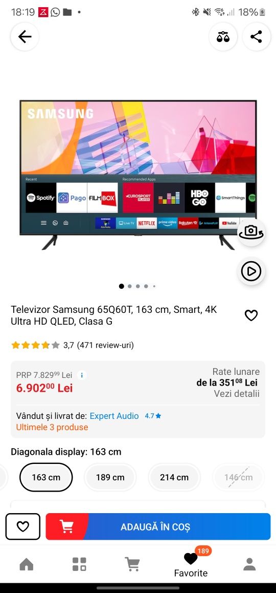 QLED Samsung 164 cm (65") - 4K UltraHD, Quantum HDR