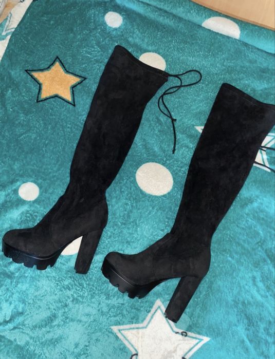 Cizme din catifea înalte cu toc + platformă