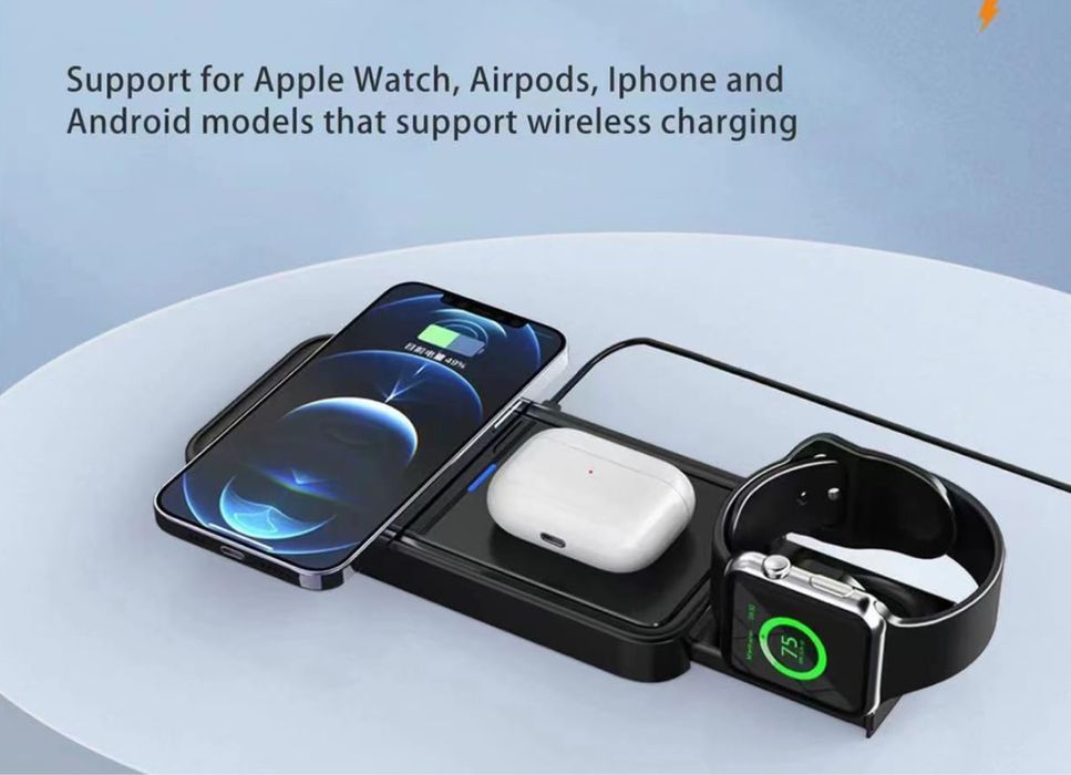Suport Placa Incarcare Wireless 3 in 1 Telefone Iphone Ceas Casti