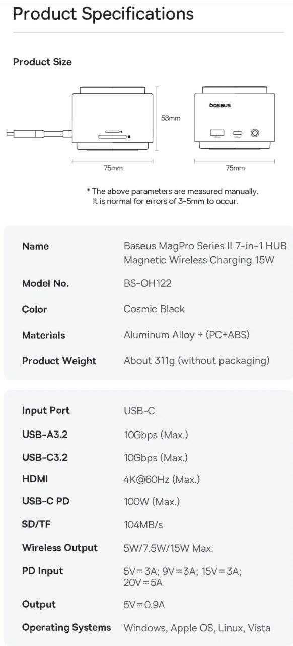Baseus Hub 7 в 1 Usb 3.2 Hdmi 60Hz + 15w Беспроводная зарядка