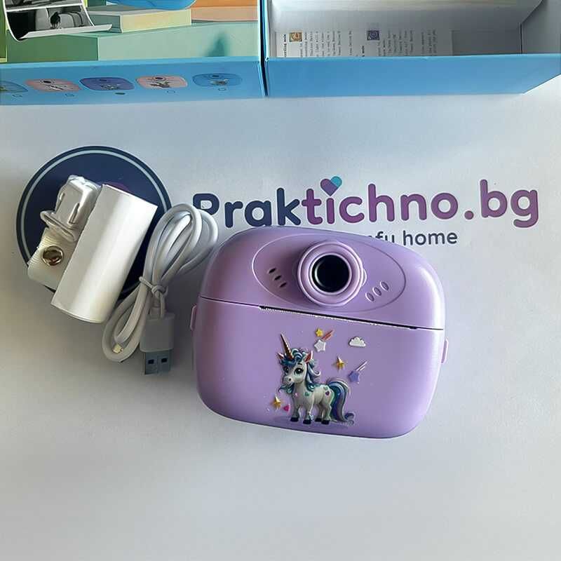 Детски фотоапарат с принтер– 2.4″ екран, игри, хартия, Лилав / Син
