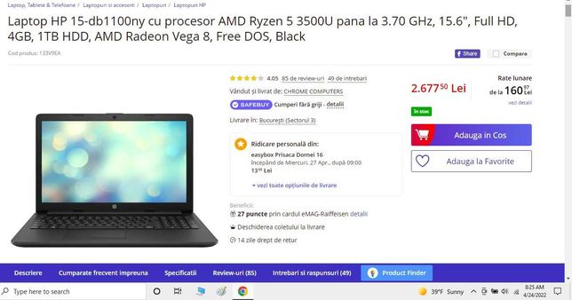 Laptop HP 15,6" FHD Ryzen 5 3500U 4GB 1TB Vega 8 box garantie