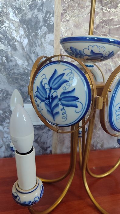 Люстра (латунь) Гжель 5 рожковая, ручная роспись, светильник, лампа,