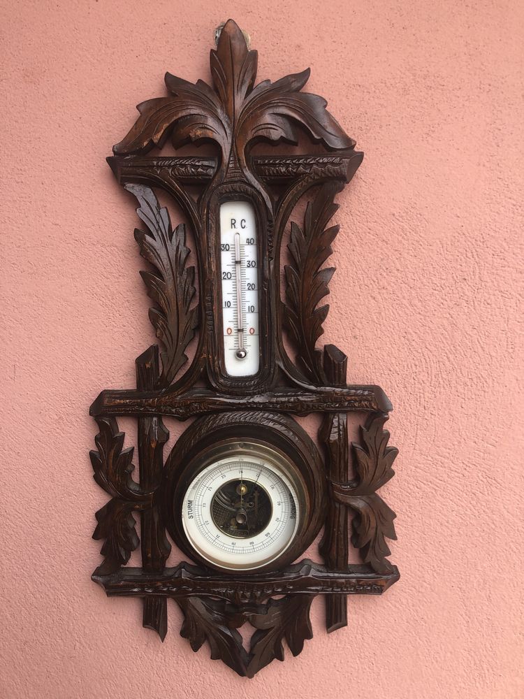Barometru cu termometru vechi german,sculptat in lemn
