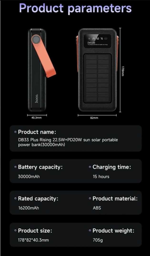 Hoco DB33 Plus Rising Power Bank 30000mAh San Solar 22.5W+PD20W QC3.0