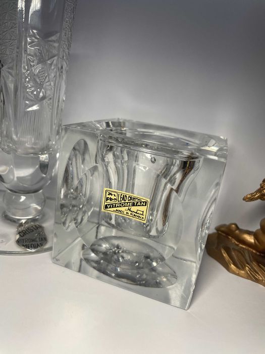 Sfesnic x2 sau vaza cristal fin Vitrometan Romania vintage nu Bohemia