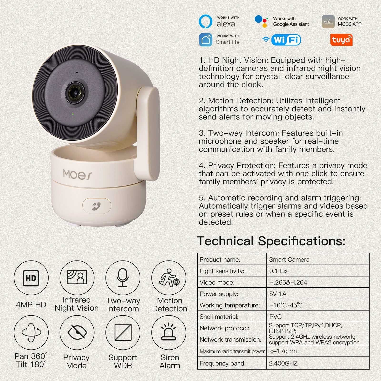 IP Security Камера MOES Tuya Smart Life 4MP HD проследява обекти