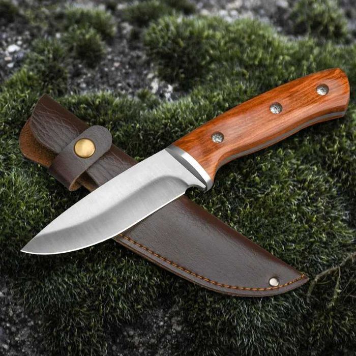 Cutit Buck Outdoor, otel inoxidabil, maner lemn tranadafir,teaca piele