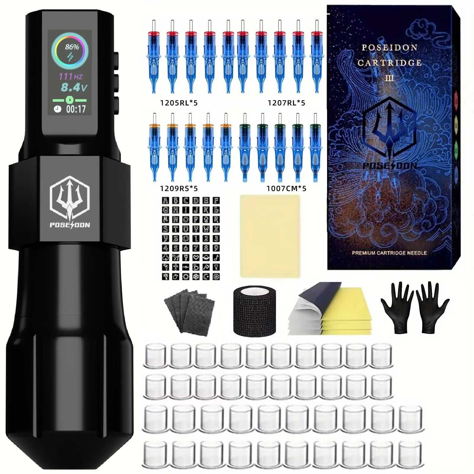 Kit Poseidon 2 NOU, aparat de tatuat wireless cu 20 ace plus accesorii