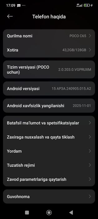 Poco C65 sotiladi. Xotira 6/128GB. Telefon ideal holatda, barcha funks