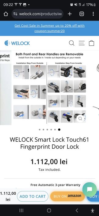 Încuietoare Smart WELOCK Touch 61: Amprentă, Card RFID și Aplicatie