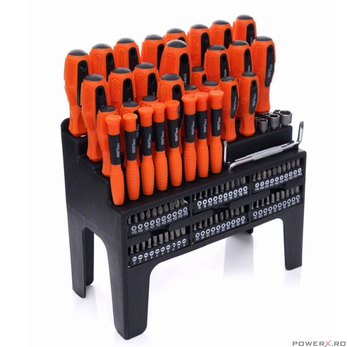 Set surubelnite si biti 100 elemente, cu suport pentru depozitare,