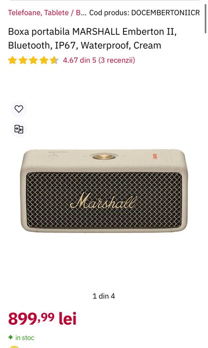 Boxa portabila MARSHALL Emberton II, sigilata, transport ZERO