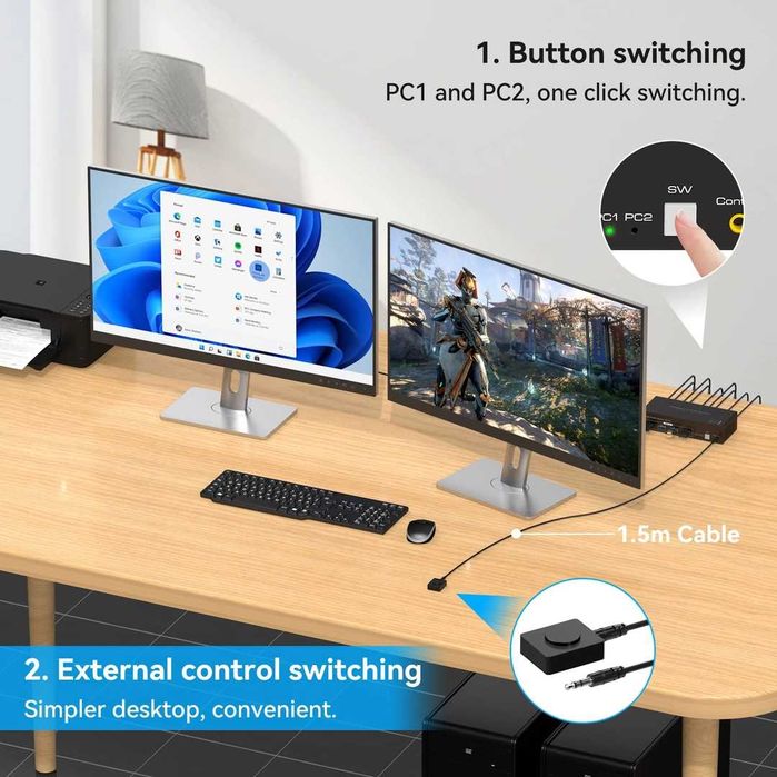 KVM Switch VPFET DP 1.4 4K120Hz pentru 2 PC si 2 monitoare