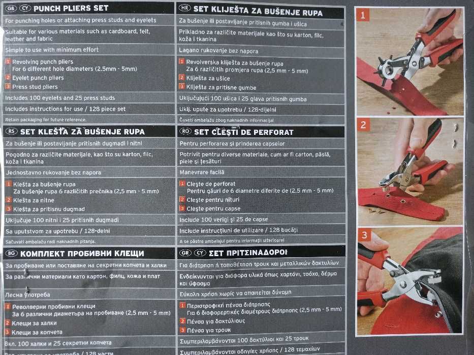 Set 3 clesti de gaurit si aplicat capse, inclusiv capse si ocheti; NOU