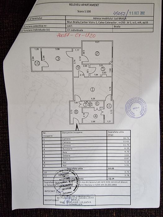 Vând apartament 3 camere 72 mp etaj 4/9