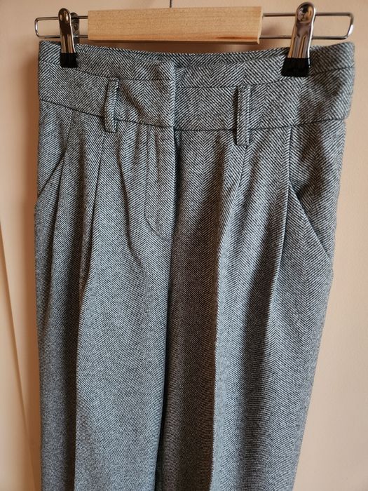 Сив панталон S/M/36 елегантен зимен басти висока талия широк прав ръб