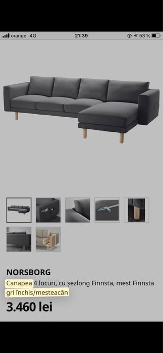 Canapea 4 locuri, cu șezlong