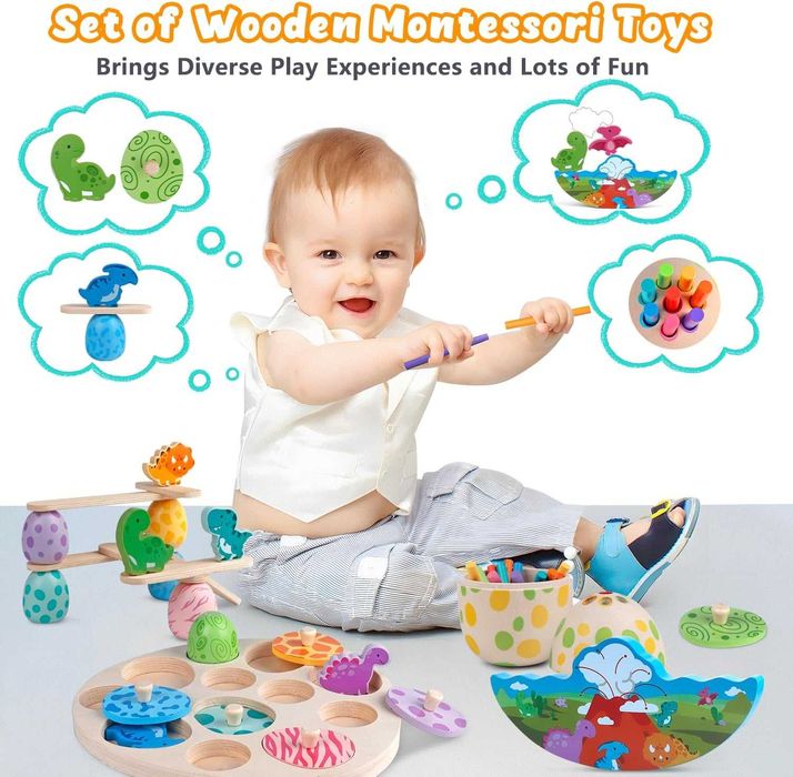 Aliex 4 в 1 дървени Монтесори играчки с динозаври за деца 1 - 3 години