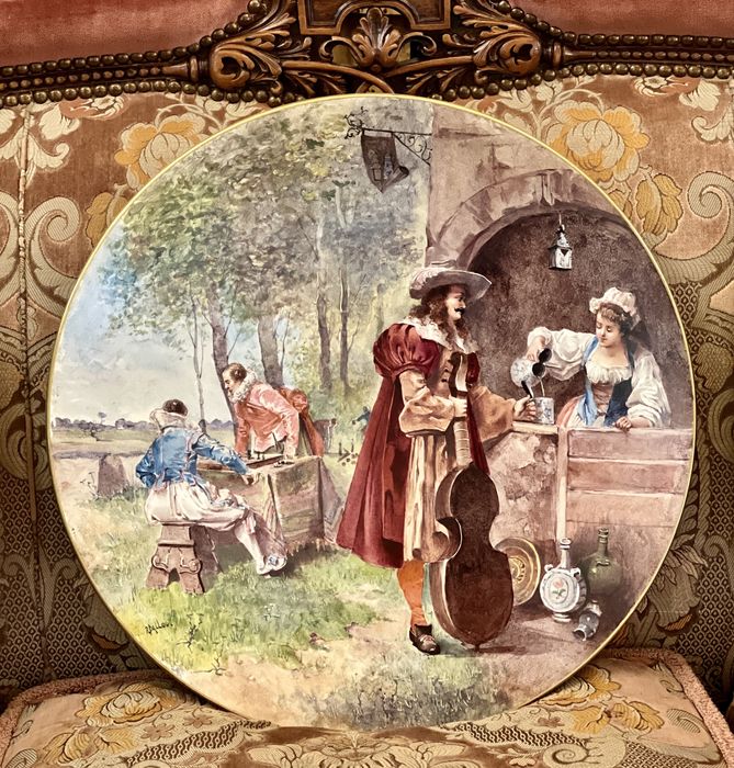 Platou decorativ vechi din Portelan - pictat si semnat , sec. XIX