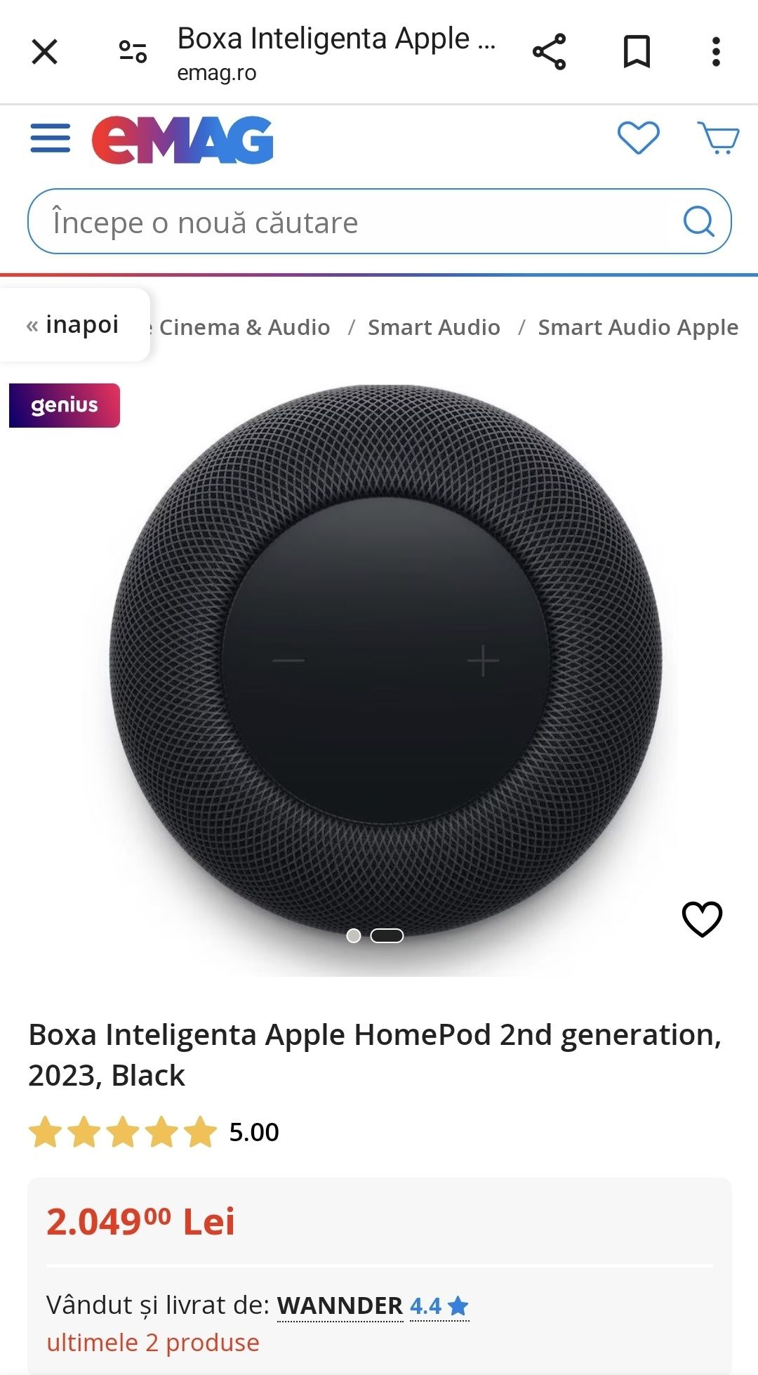 Boxa Inteligenta Apple HomePod 2nd generation, 2023, Black