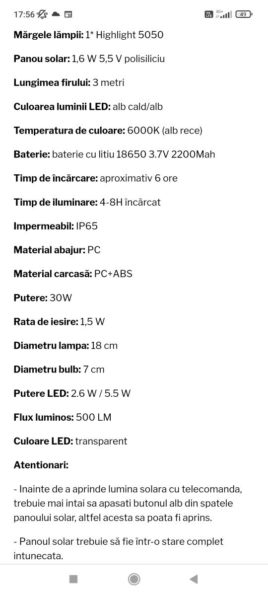 Lampă solară suspendată 90 Lm/W