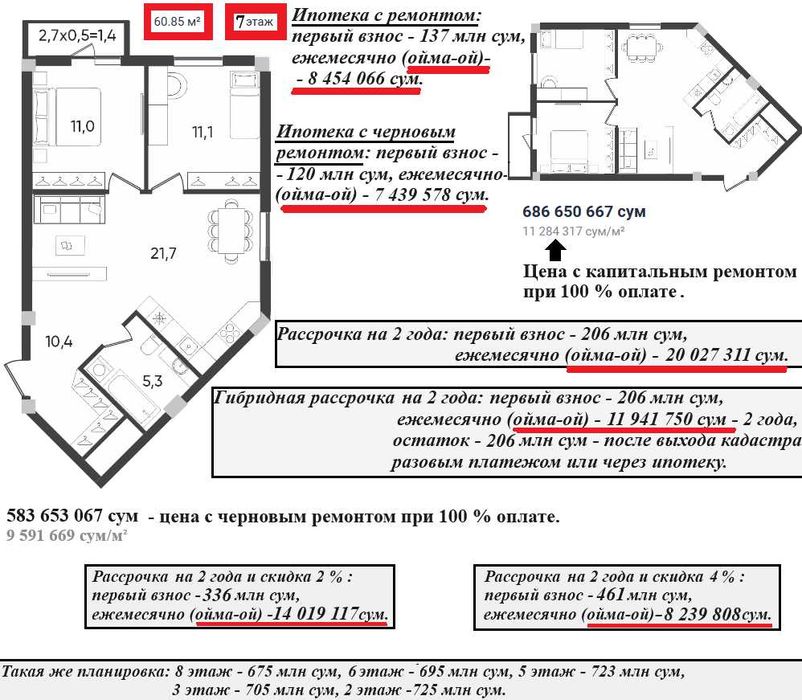 ЖК Fayzli hayot. 2-комнатная, 61 м². г. Ташкент, ТРЦ "Компас"