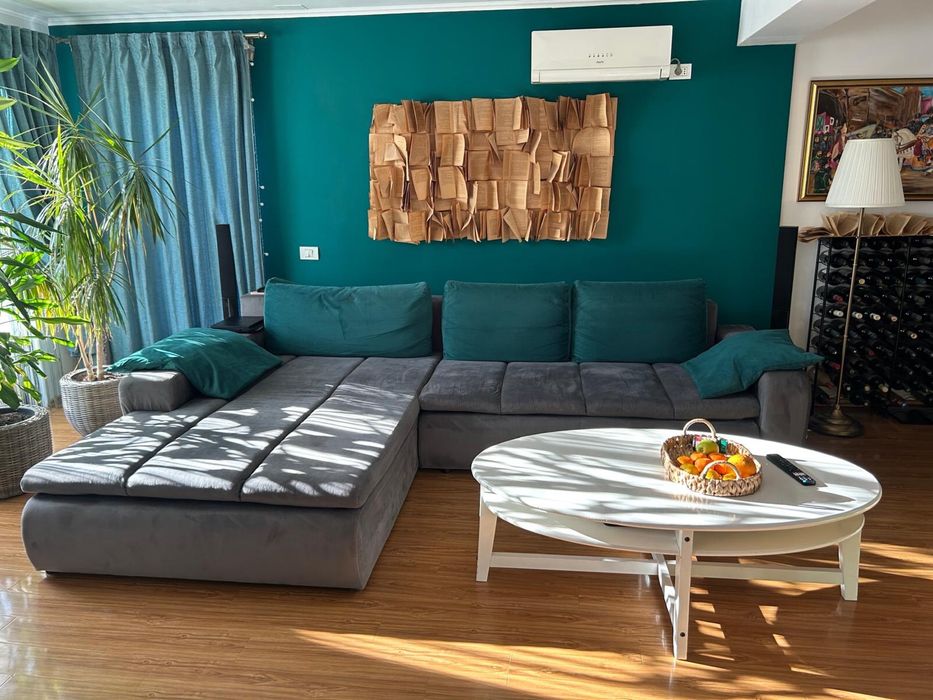 Canapea de colt gri, extensibila 310x210