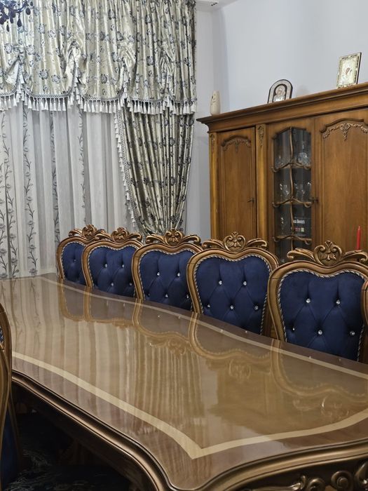 Set Masă + 14 Scaune Dining – Stil Clasic Baroc, Lemn Masiv,
