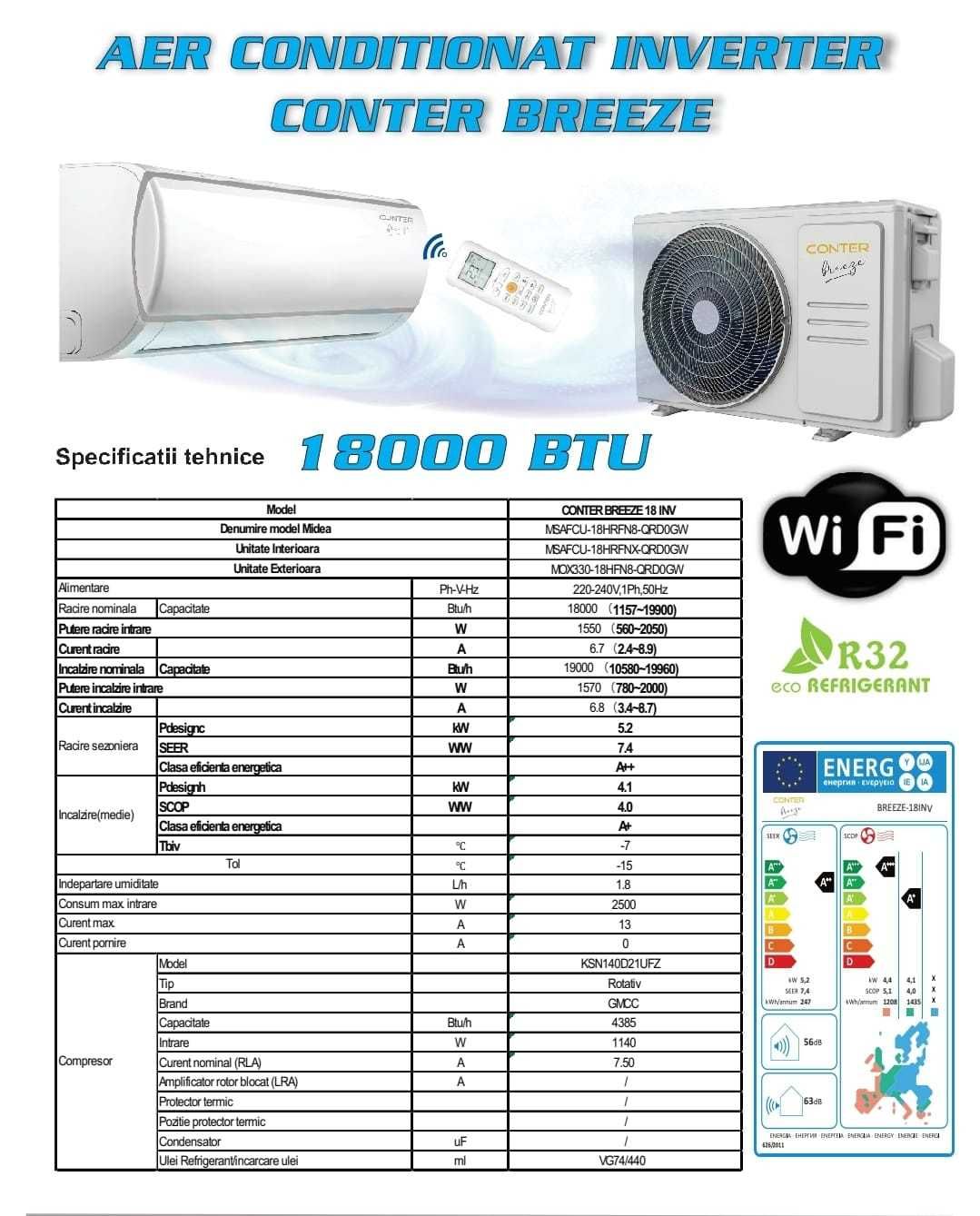 Aparat Aer Conditionat, inverter/control WiFi, CONTER BREEZE 18000 BTU