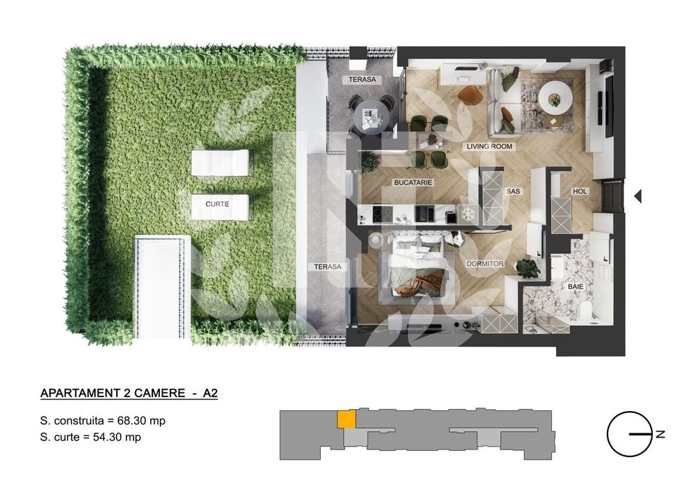 Apartament 2 camere zona de Nord - 58.05 mp utili si curte