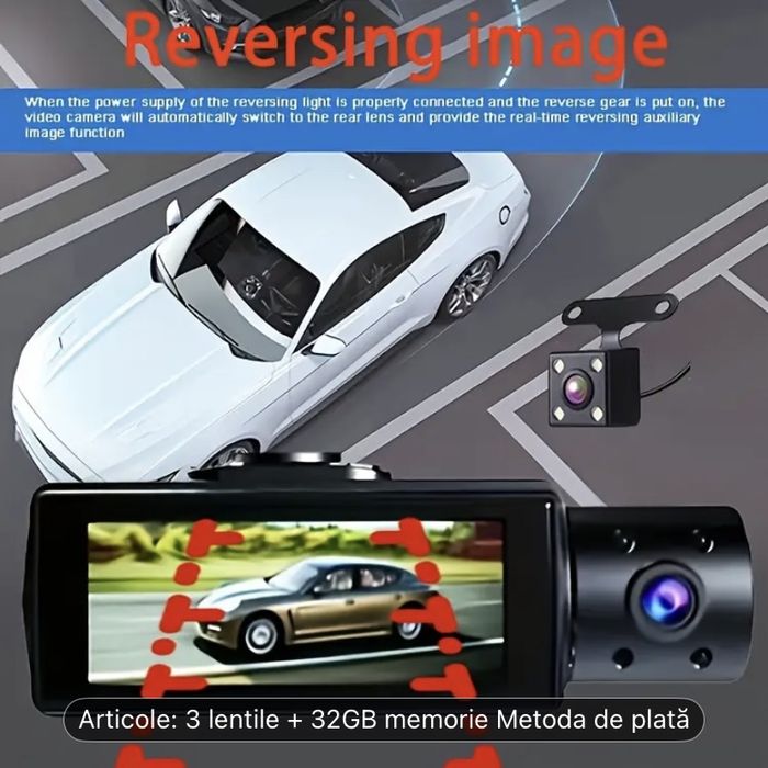 Cameră de bord cu 3 camere Wifi și aplicație + card de 32 GB