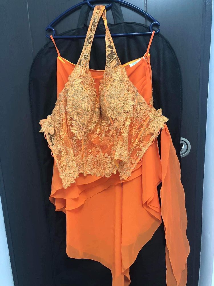 Rochie de ocazie orange, formata din 2 piese - casa de moda Mirandi