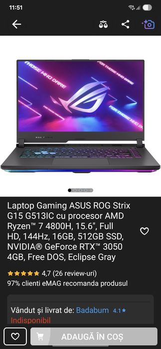 Laptop Gaming ASUS ROG Strix G15 G513IC cu procesor AMD Ryzen™ 7 4800H