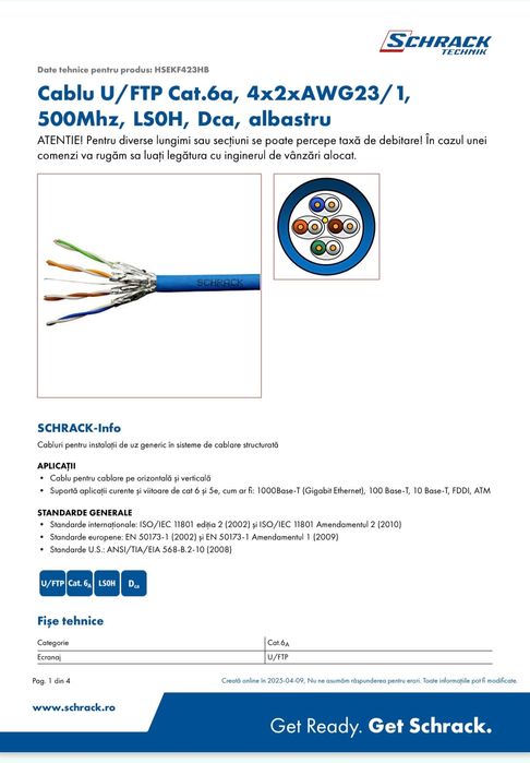 Cablu de retea U/FTP Cat6a Schrack
