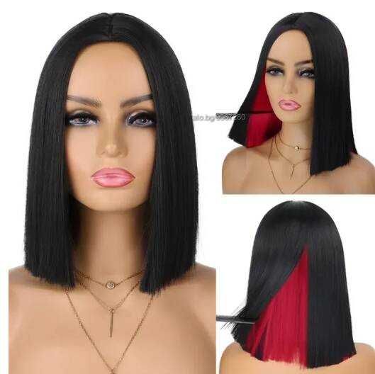 Ефектна боб каре черна червена перука два цвята на път