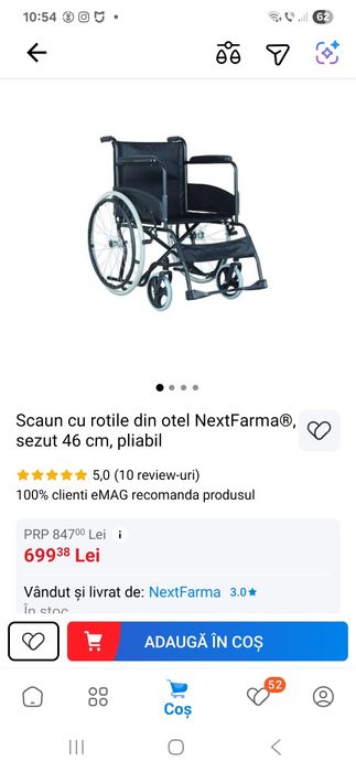 Scaun cu rotile din otel NextFarma®, sezut 46 cm, pliabil