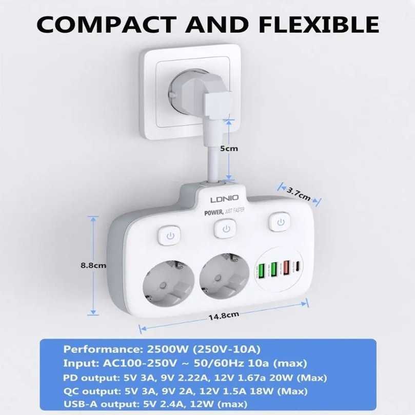 Разклонител LDNio SE2435 SS000196,220V, 2 гнезда и 3 USB + Type C