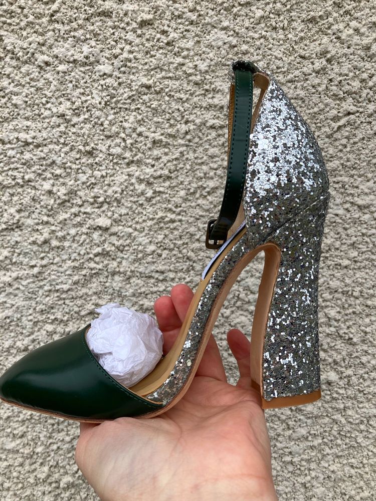 Pantofi piele verzi & glitter argintiu noi Vanessa Lao, 37