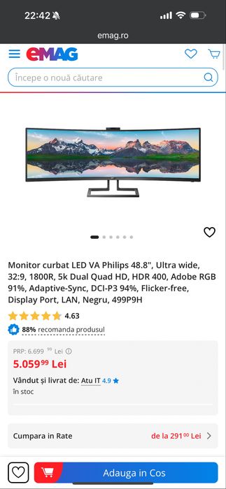Monitor Phillips Briliant 49” inch LCD 5k curbat SuperWide
