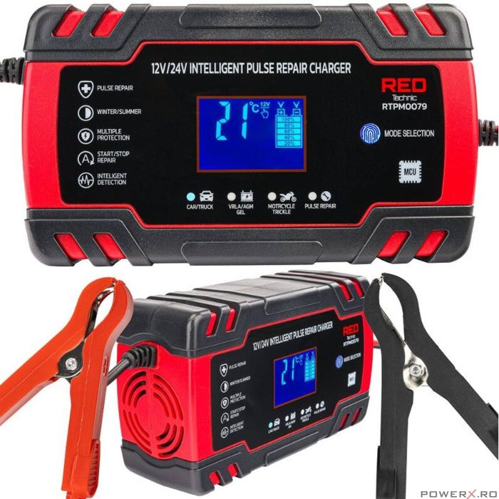 Redresor auto cu microprocesor, 12/24V 8A, incarcare in 10 etape, Red